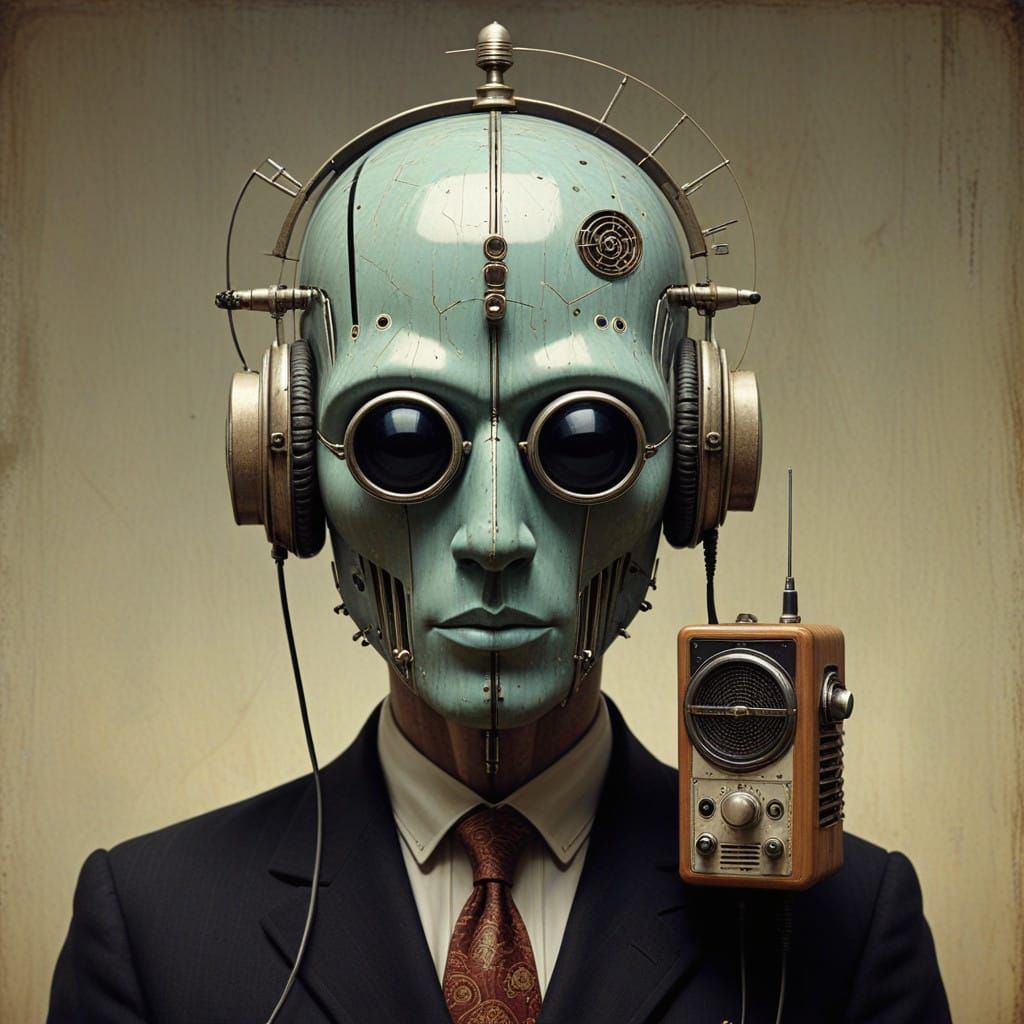 Surrealist Figure with Radio Head in Fantasy Landscape