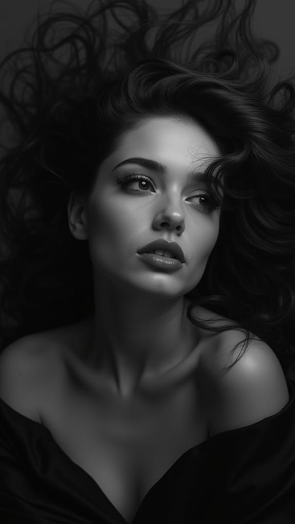 Elegant Film Noir Portrait of a Woman with Flowing Hair