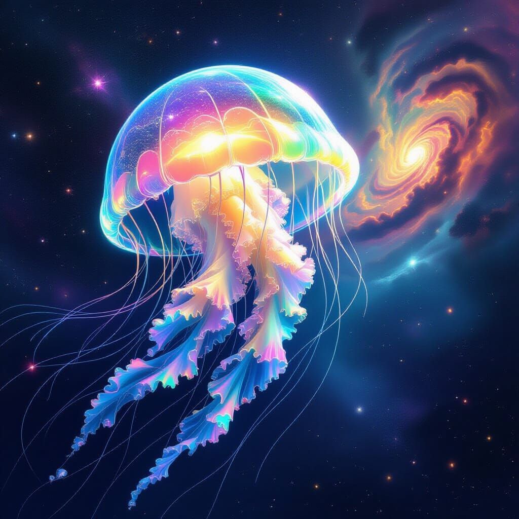 Bioluminescent Jellyfish Drifting Through Nebula in Dreamlik...