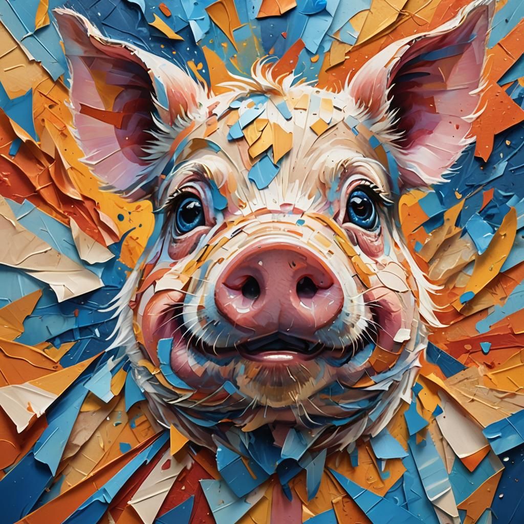 Whimsical Pig Bursting Through Paper, Oil Painting