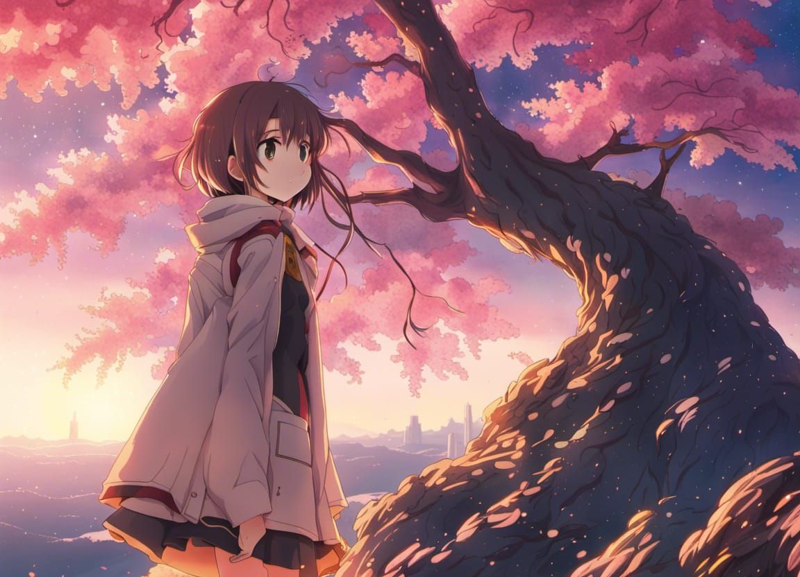 Anime Girl by Burning Sakura Tree in Space