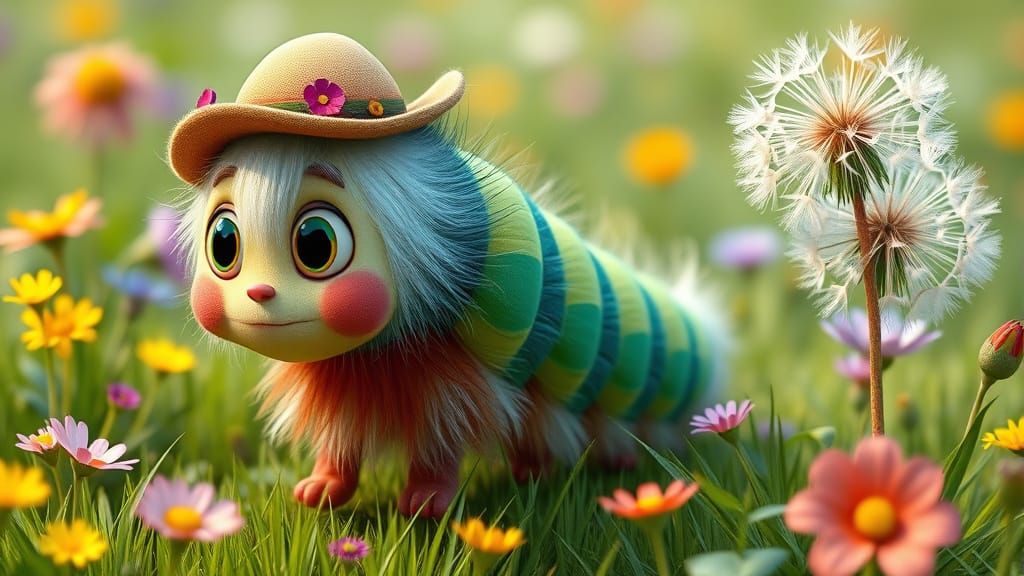 Cute Caterpillar in Grassy Meadow, Pixar Style