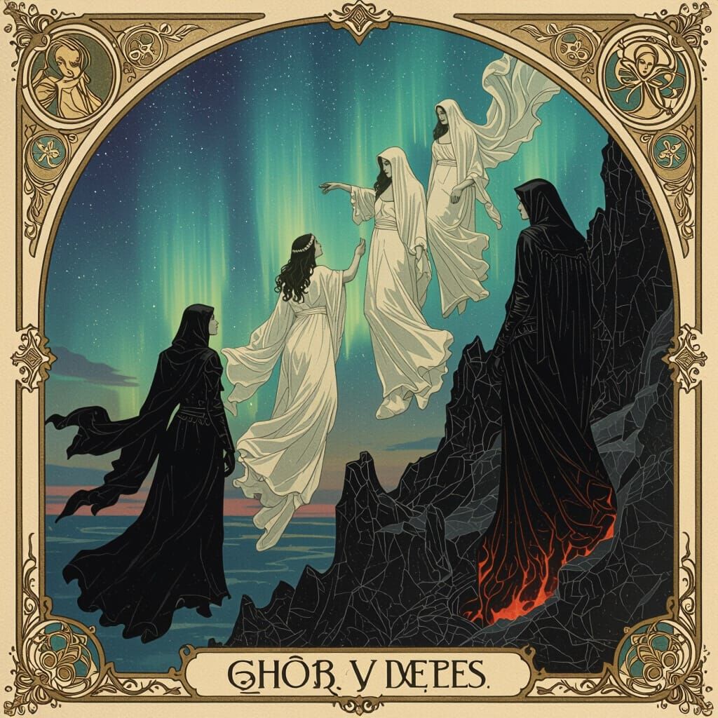 Ethereal Figures Ascending to Aurora, Art Nouveau Style