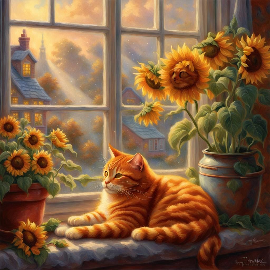Ginger Cat's Sunlit Slumber: Ethereal Fantasy Art
