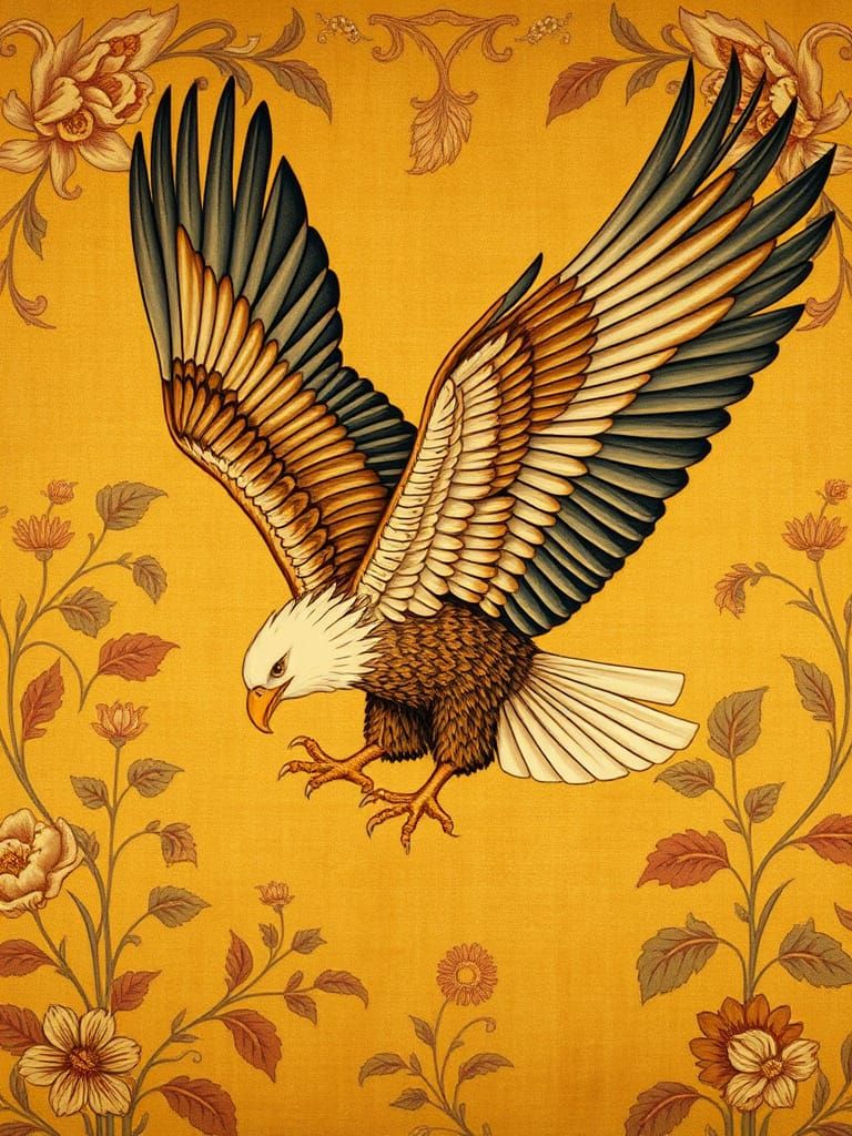 Eagle Soars Amidst Golden Renaissance Tapestry
