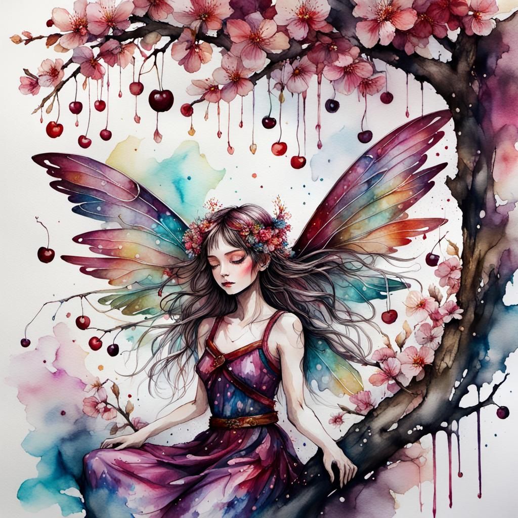 Delicate Cherry Fairy at Cherry Tree Base, Impasto Art