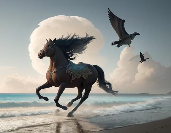 Galloping Horse on Beach: Dramatic Digital Painting
