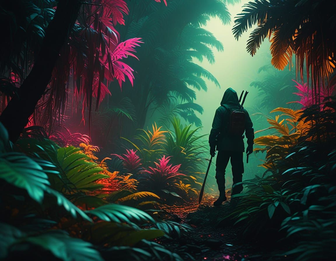 Vibrant Jungle Scene in Neon Pop Art Style
