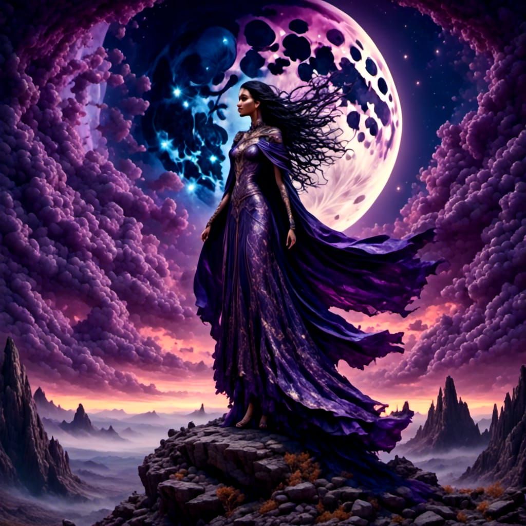 Hindu Moon Goddess in Cosmic Illustration