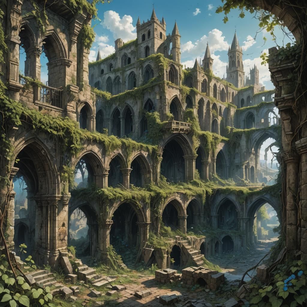 Devastated Medieval City Reclaimed, Fantasy Art