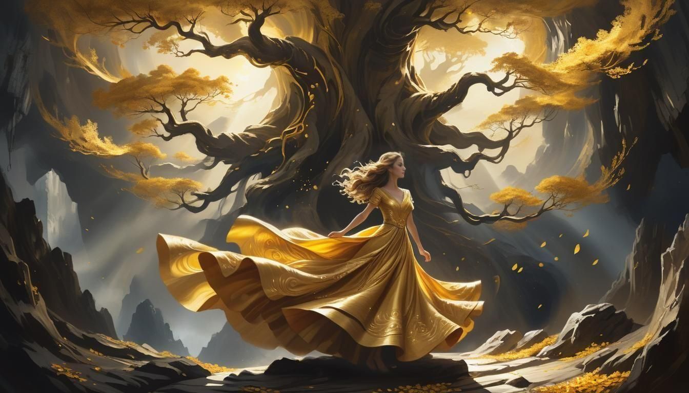 Golden Girl Dancing at Ancient Tree