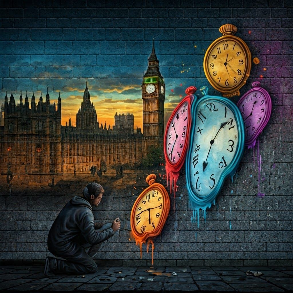 Melting Clocks Graffiti Art in Surreal Style