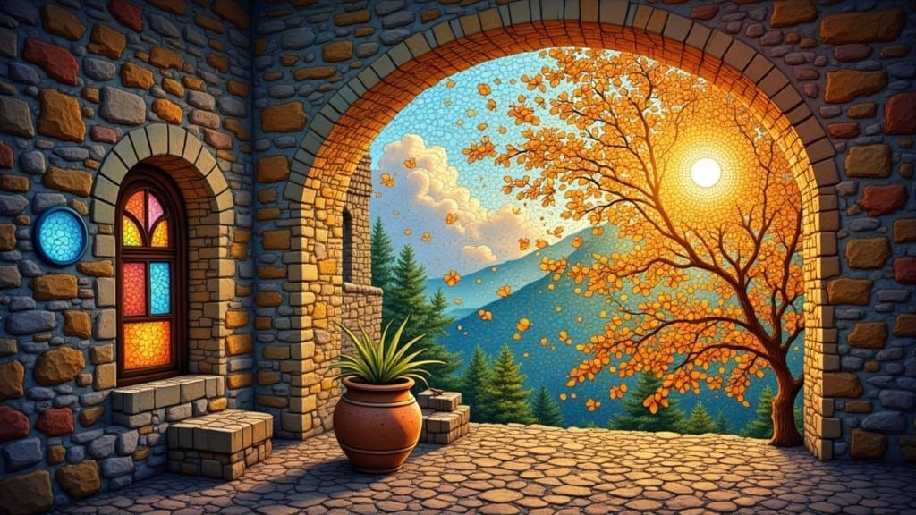 Stained Glass Rainbow Mosaic in Mixed Media Style