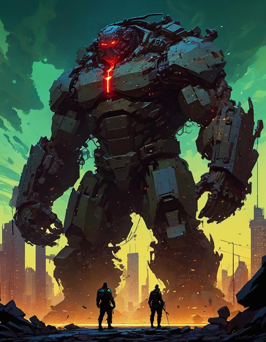 Dystopian Pixel Art Landscape with Colossal Giant