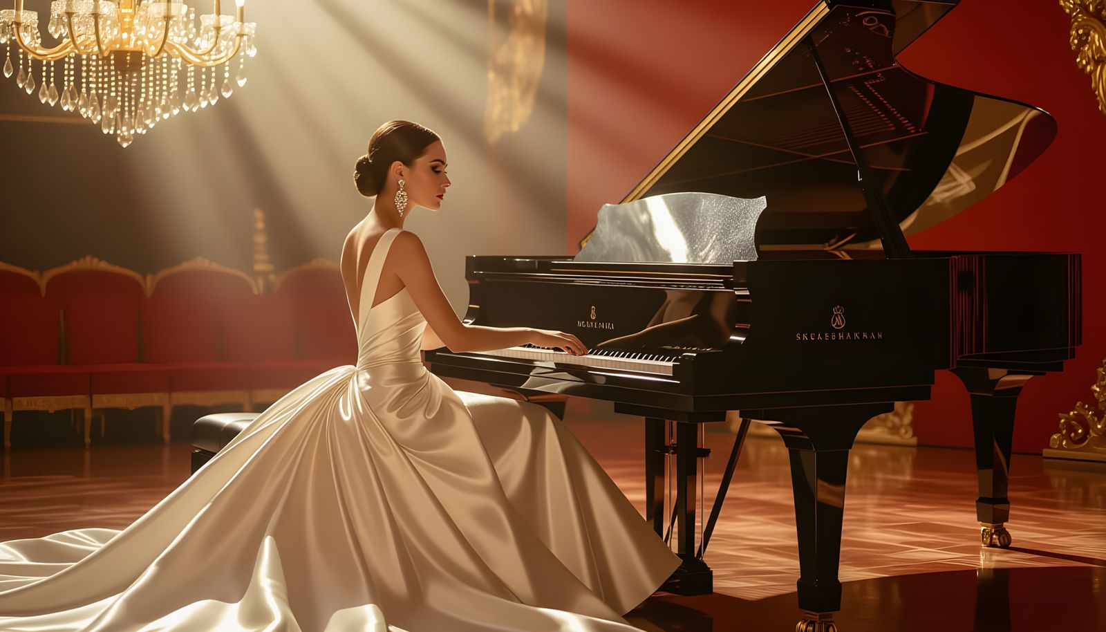 Woman in Satin Gown at Grand Piano