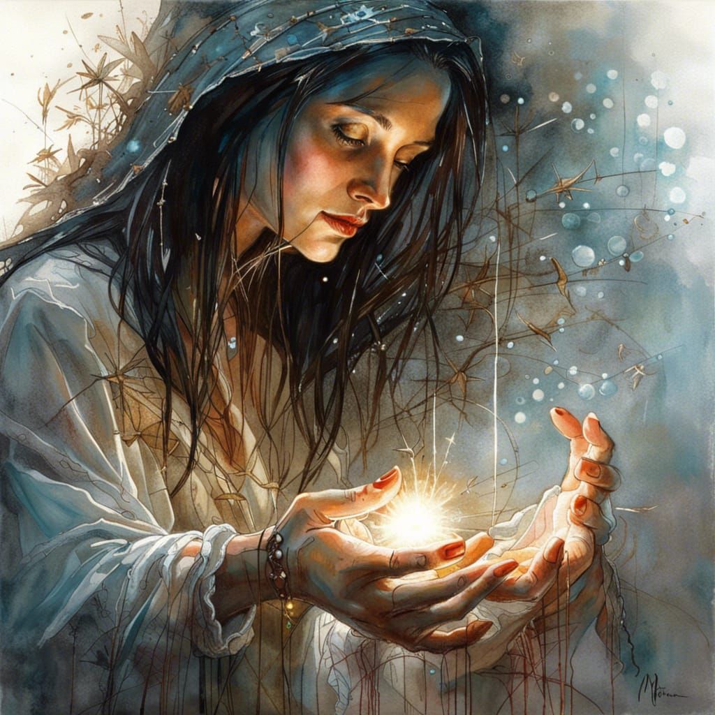 Mary Touches Jesus' Garment in Bioluminescent Light