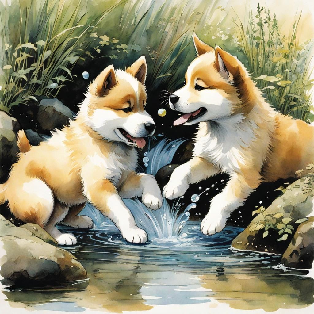 Akita Puppies Playing in a Stream, Illustrated Style