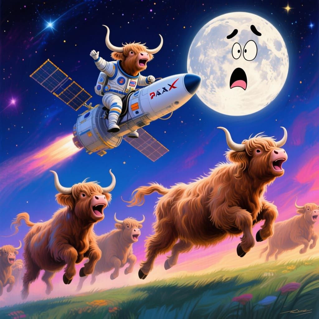 Highland Cows in SpaceX Suits Leap Over Shocked Moon