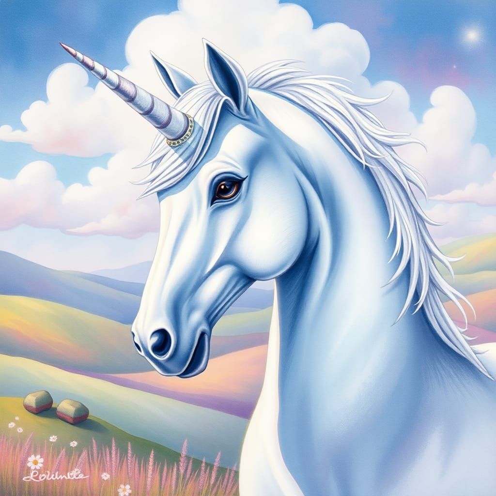 Majestic Unicorn in Dreamy Watercolor Landscape