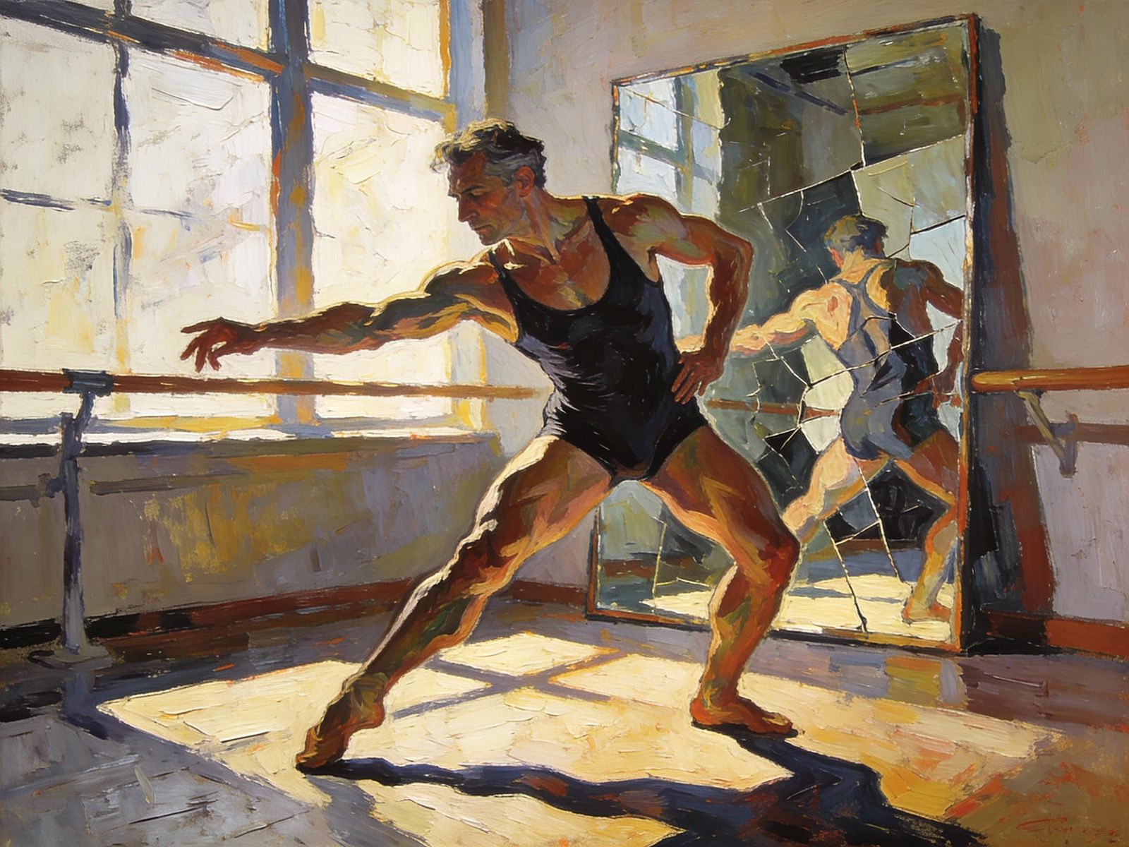 Mature Dancer in Abstract Oil Painting with Chiaroscuro