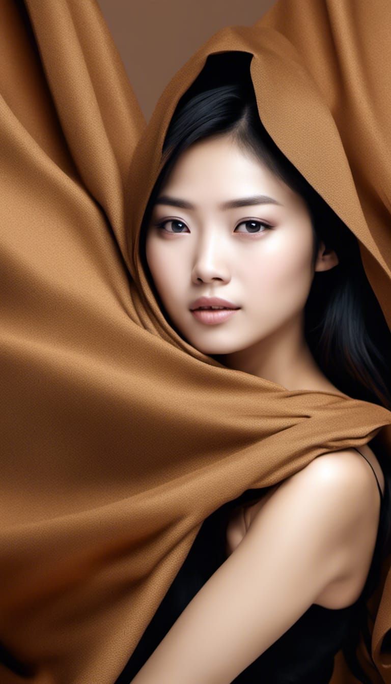 Hyperrealistic Asian Woman in Brown Cloth