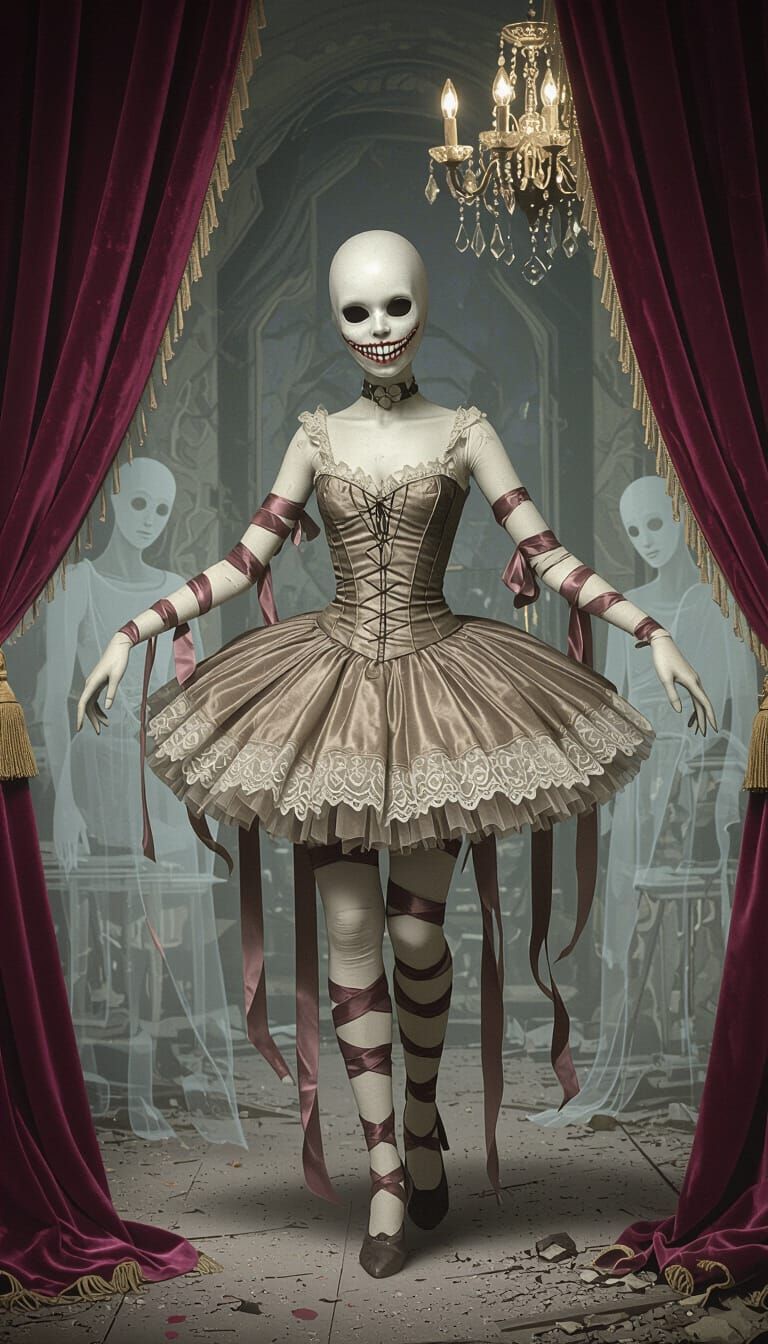 Gothic Ballet Figure in Ruins with Sewn Grin