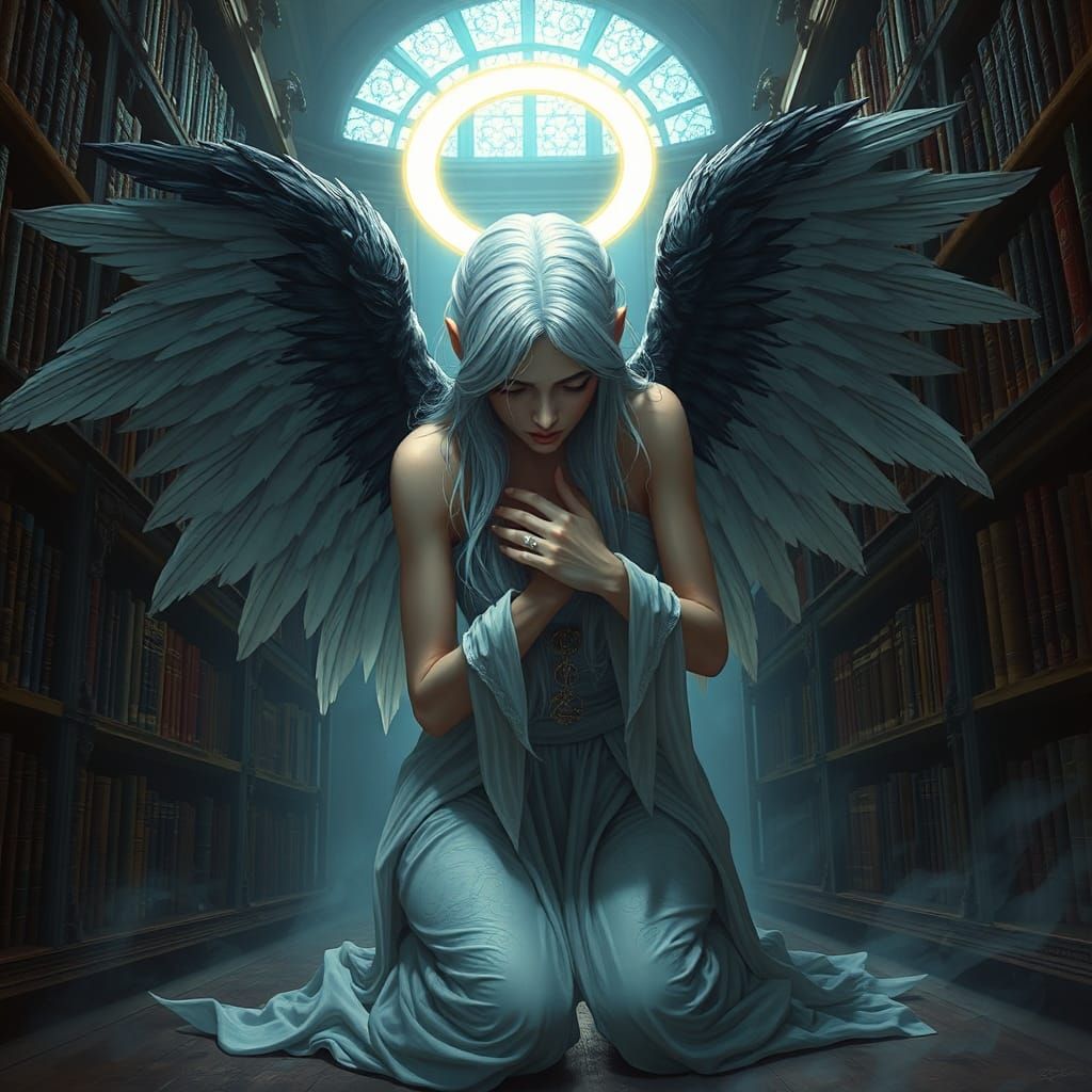 Fallen Angel's Anguish in Library, Detailed Digital Art