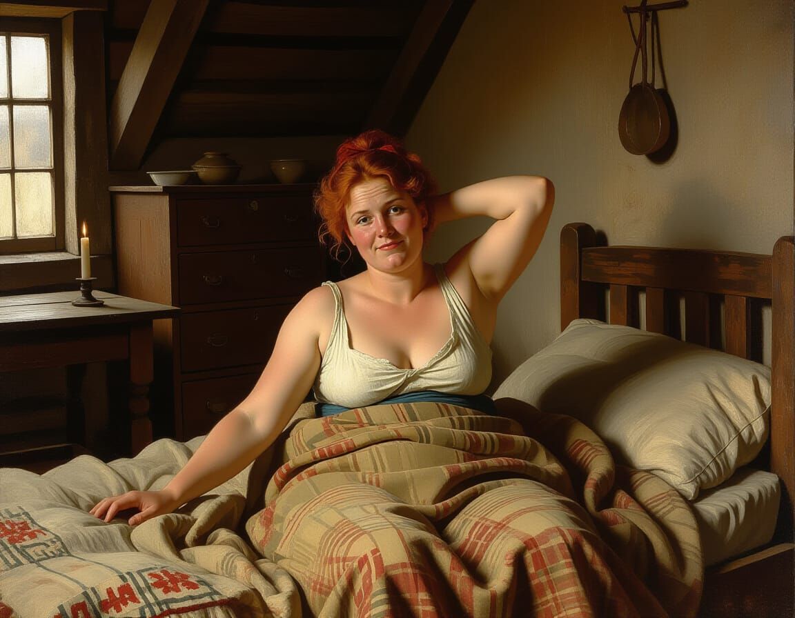 Farmer's Wife Relaxing in Rustic Hut