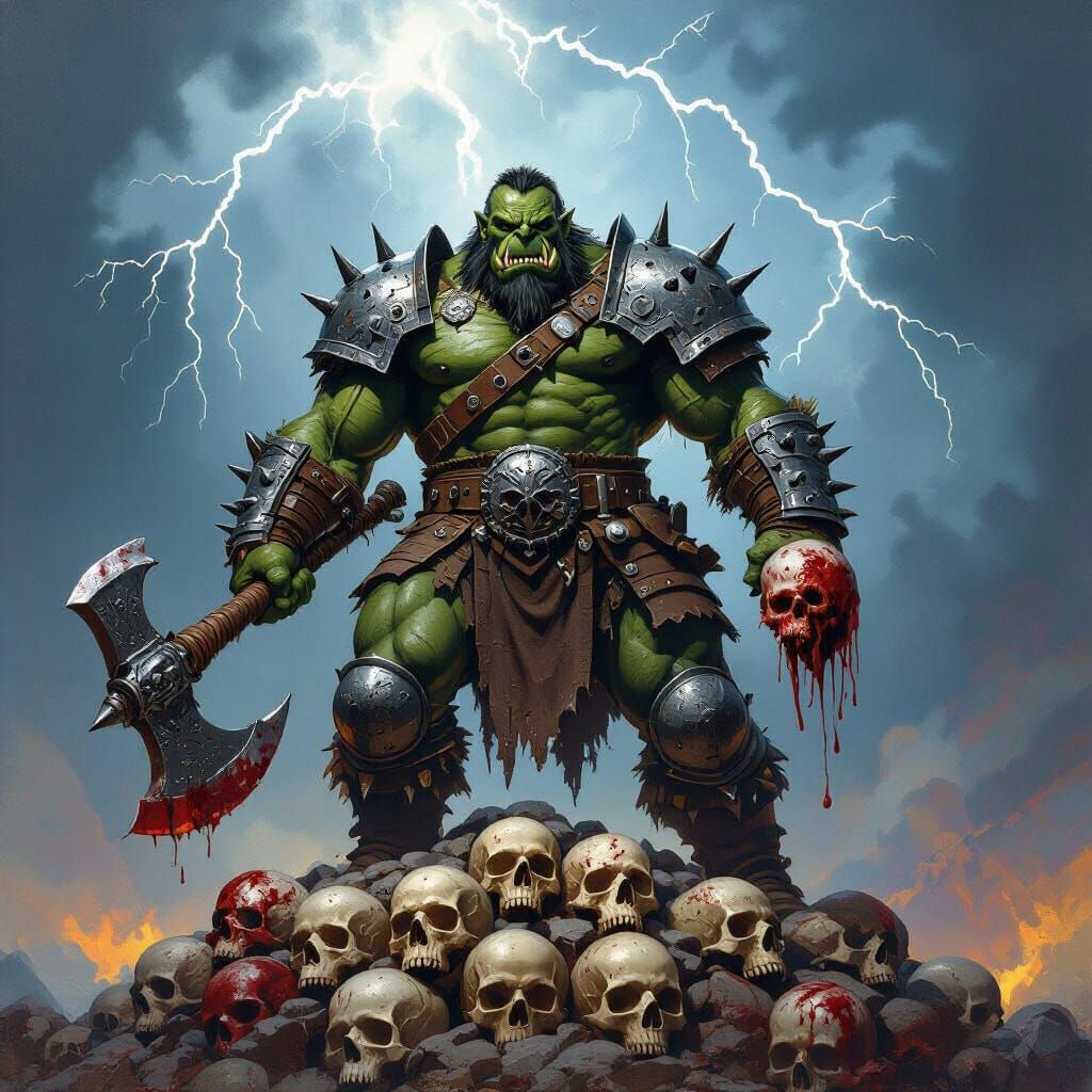 Orc Warrior Triumphant Atop Skull Mountain