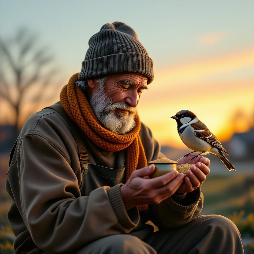 Kind Janitor Feeds Sparrow at Twilight in Oil Paint Style
