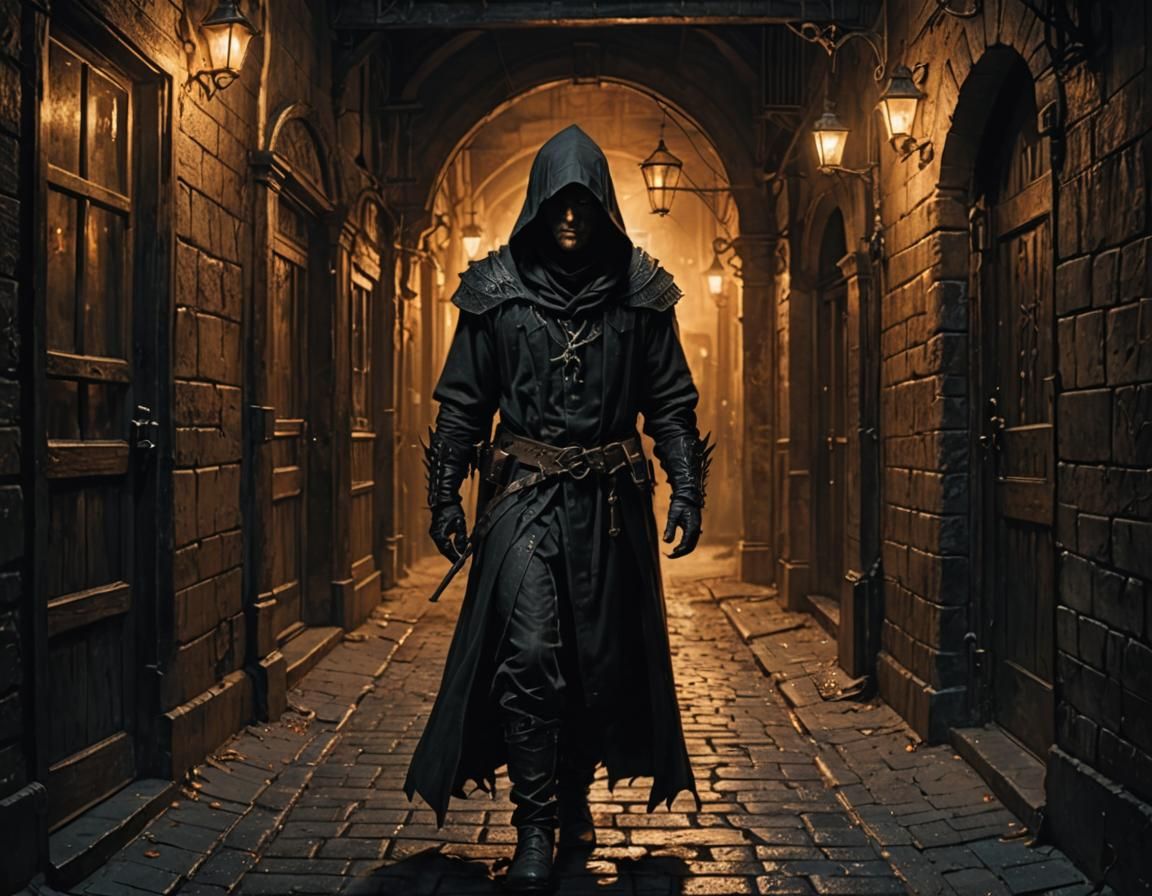 Hooded Figure in Gothic City Street