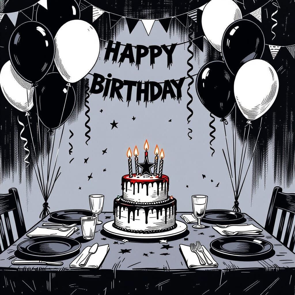 Thrash Metal Birthday Party in Graphic Novel Style