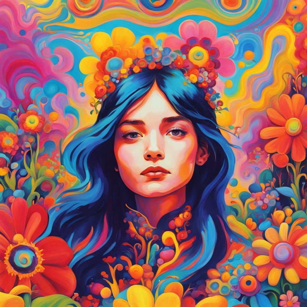Surreal Garden Scene in Vibrant Psychedelic Style