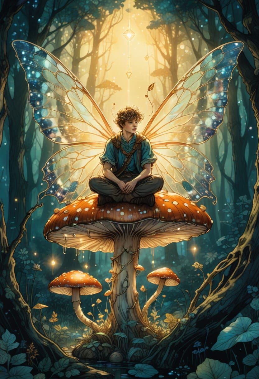 Ethereal Fairy on Floating Mushroom, Whimsical Illustration