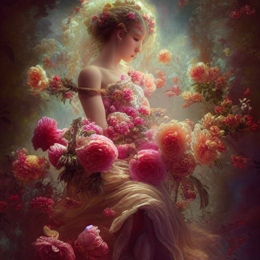 Intricate Rococo Peony in Regal Art Nouveau Style