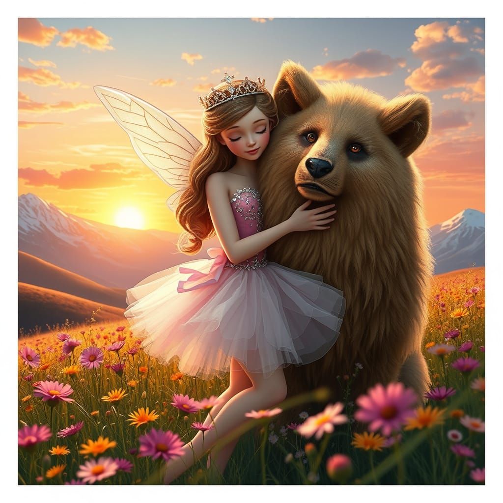 Sugar Plum Fairy Embracing a Majestic Light Brown Furred Com...