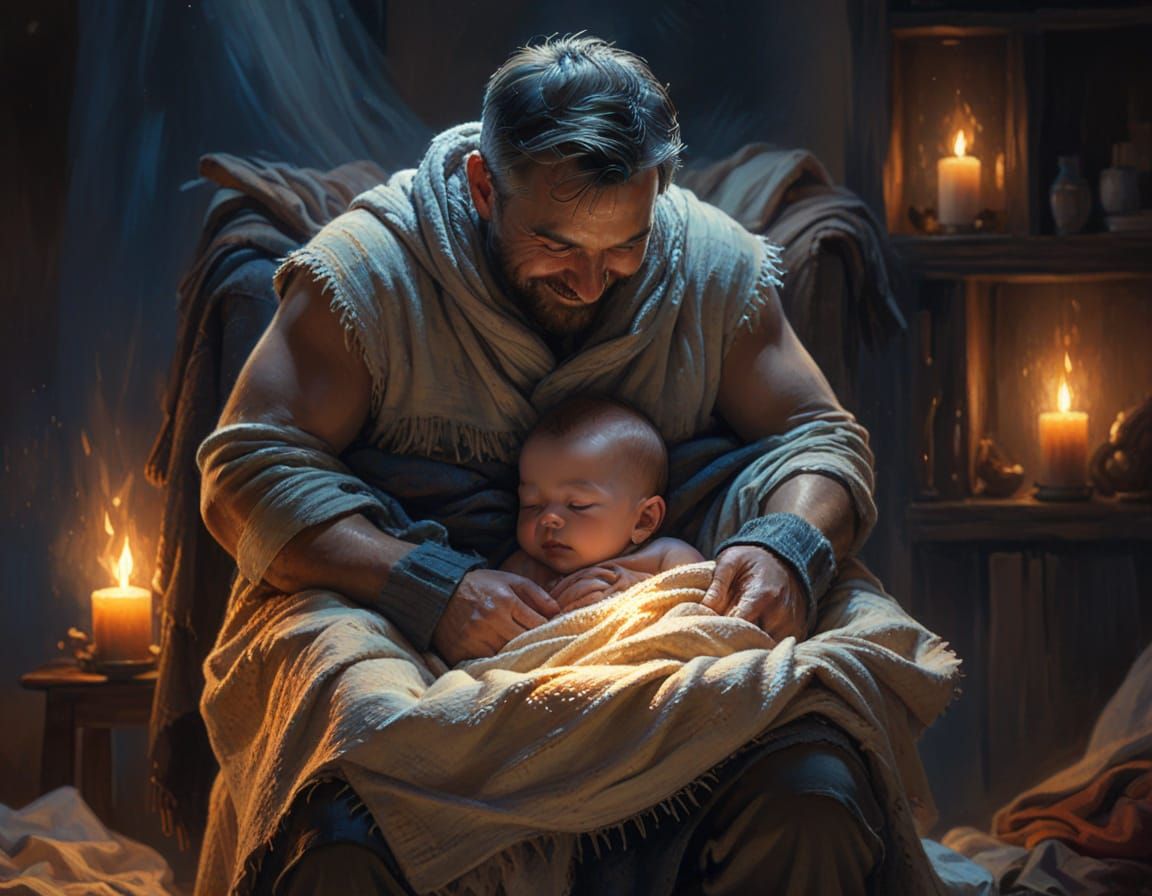 Father and Baby in Warm Oil Painting Style