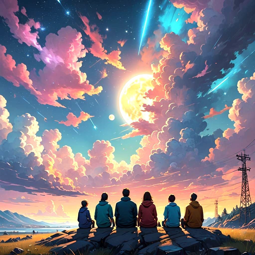 Family Gazing at Blue Moon and Starry Sky