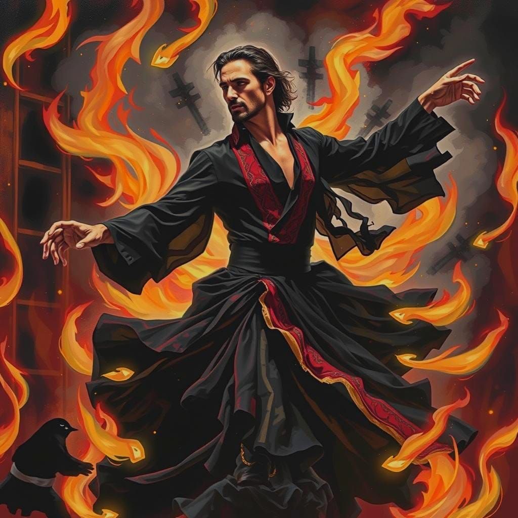 Flamenco Dancer in Fire: A Dark Academia Art Deco Piece