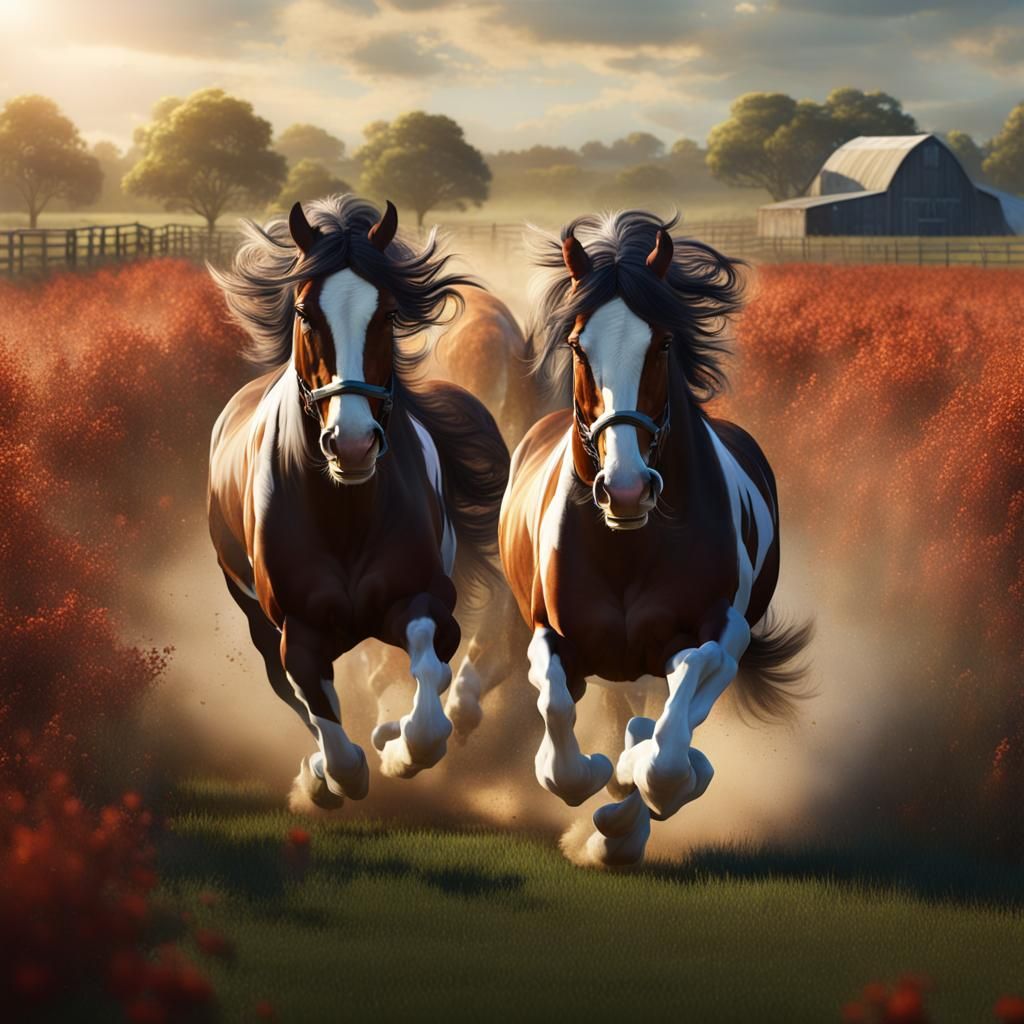 Majestic Clydesdales Running: A Detailed Matte Painting