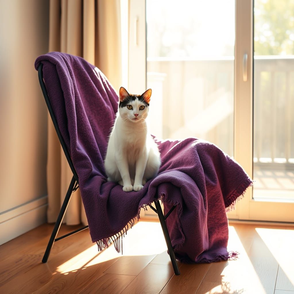 Photorealistic White Cat on Black Chair in Sunlight