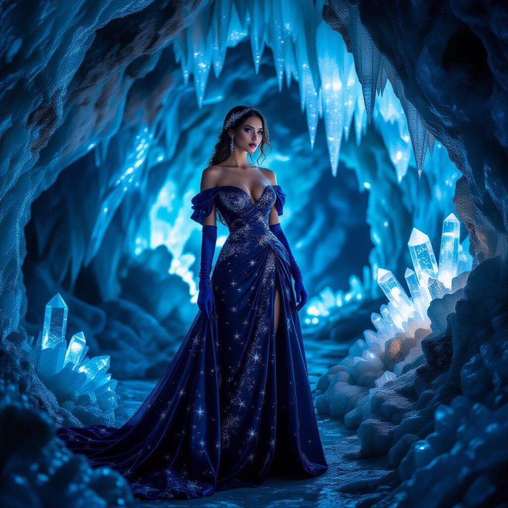 Starlight Gown in Bioluminescent Cave, Art Nouveau Style