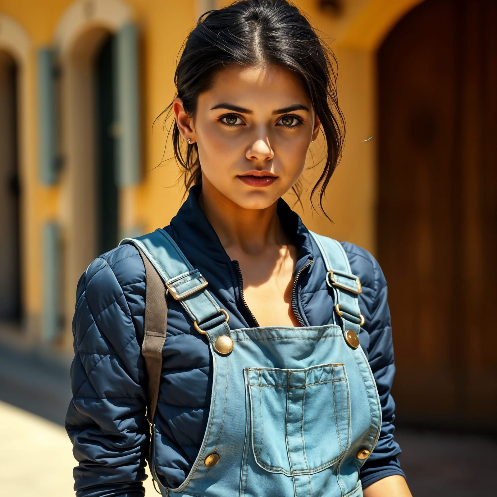 Elegant Young Woman in Navy and Light Blue, Set Against a Wa...