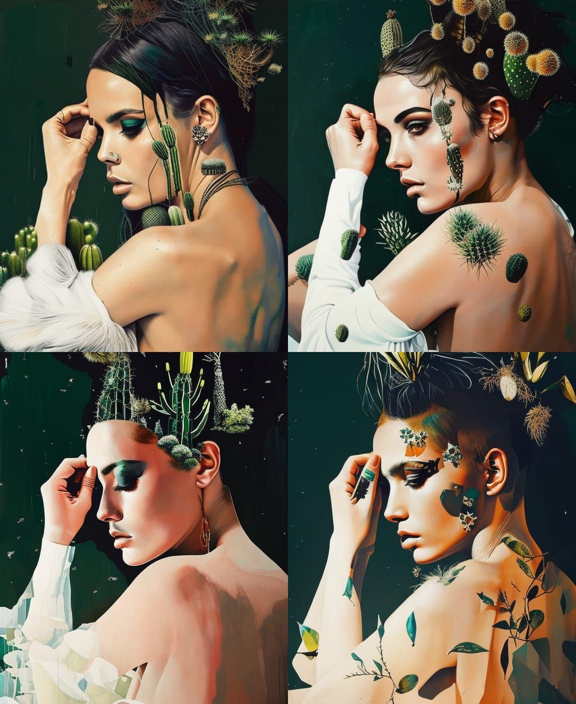 Dramatic Portrait of a Woman with a Green Cactus in a Hyper-...