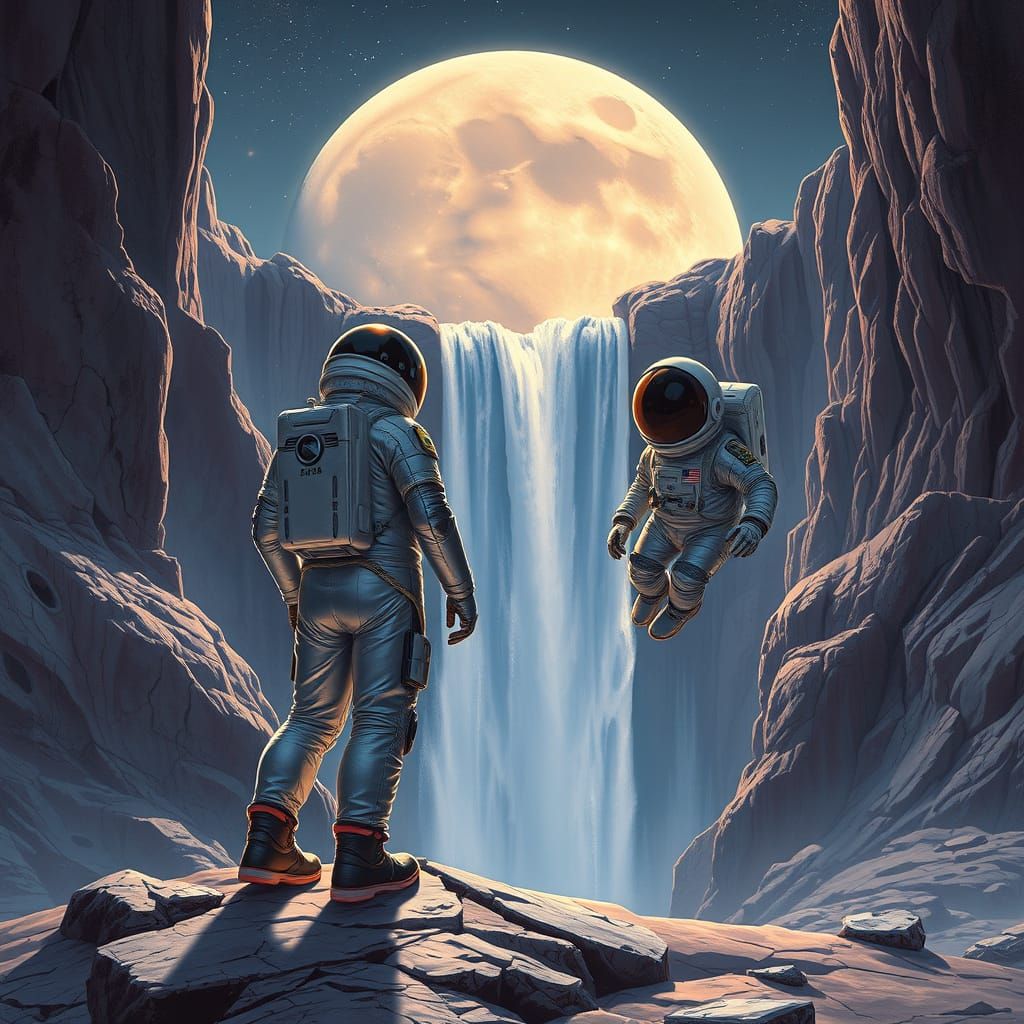 Astronauts Discover Lunar Waterfall in Sci-Fi Style