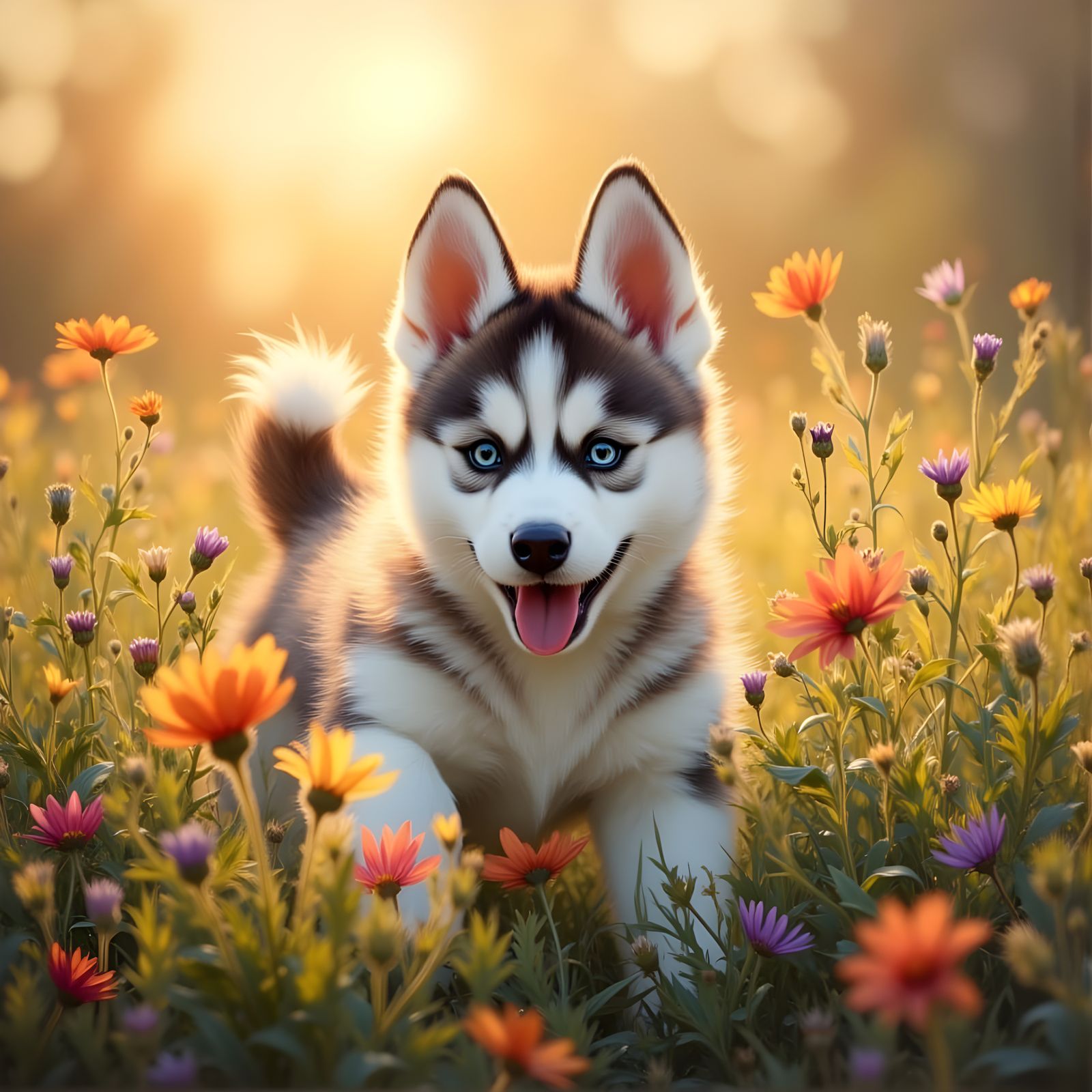 Siberian Husky Puppy Playing in Brushed Oils Style