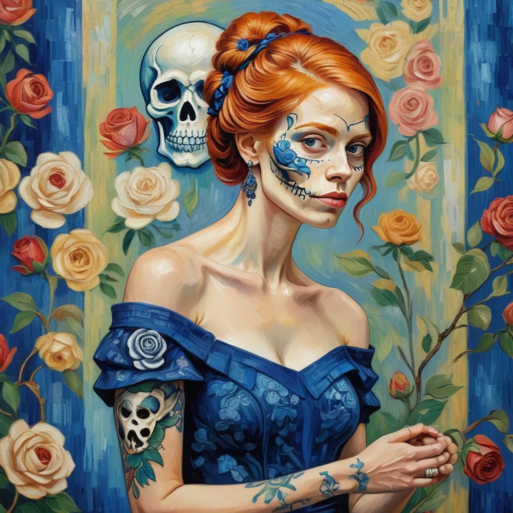 Woman in Blue Dress: A Neo-Impressionist Oil Painting