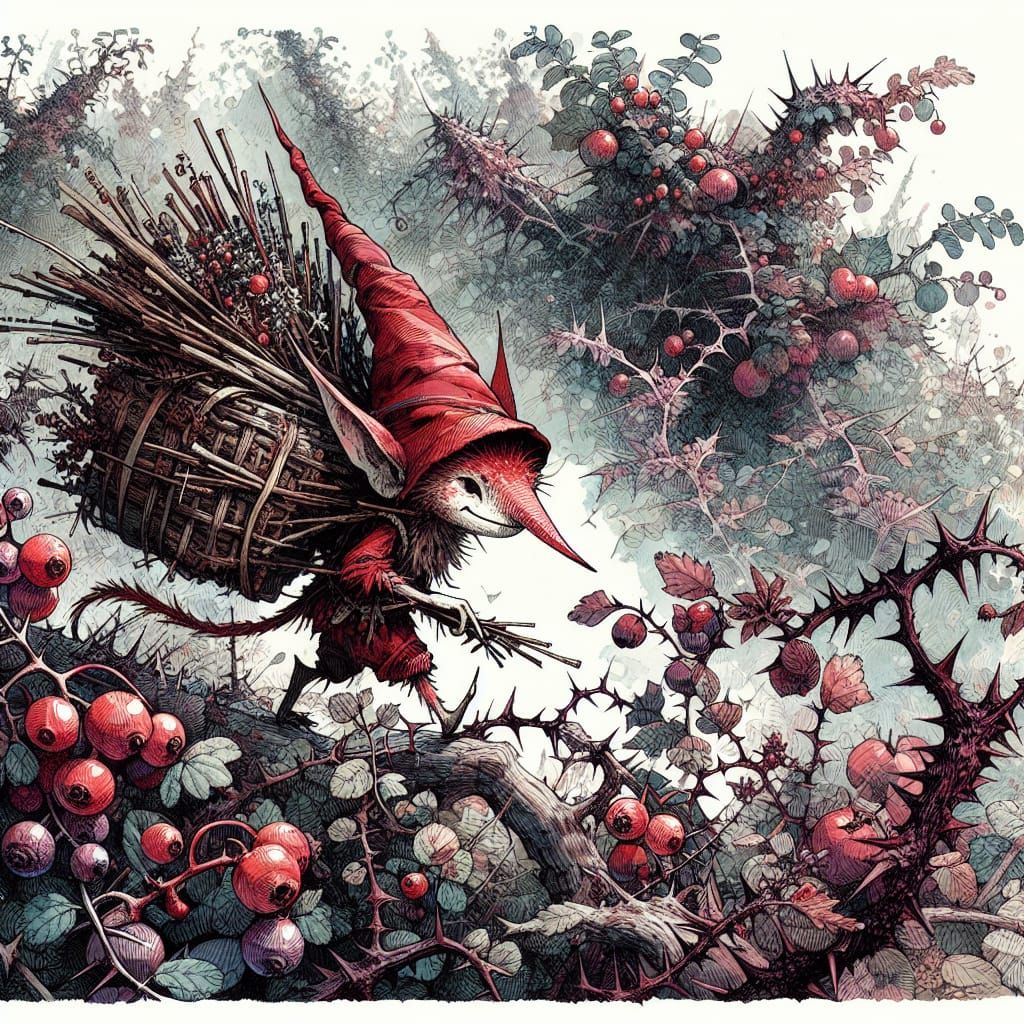 Whimsical Red Cap Fae in Bramble Bushes