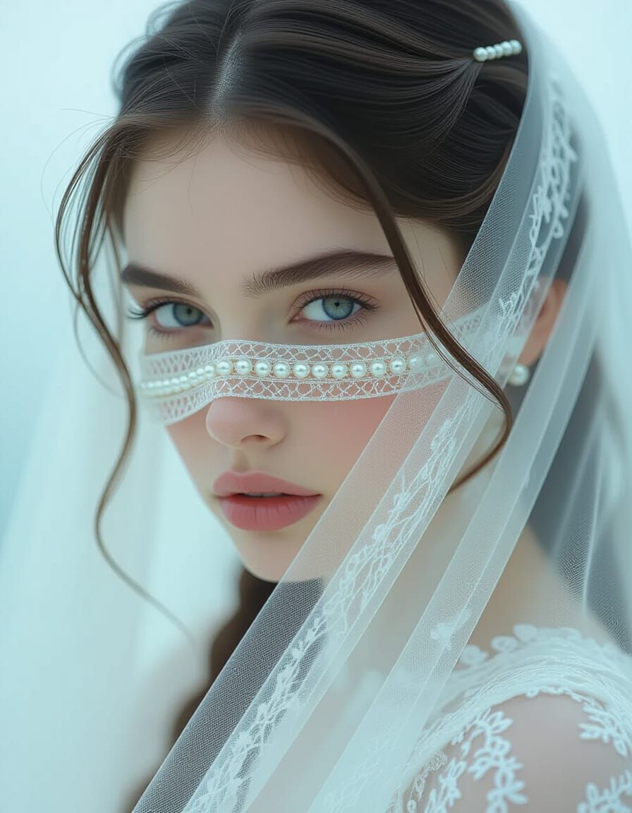 Misty-Eyed Girl Veiled in Tulle: Ultra-Realistic Digital Pai...