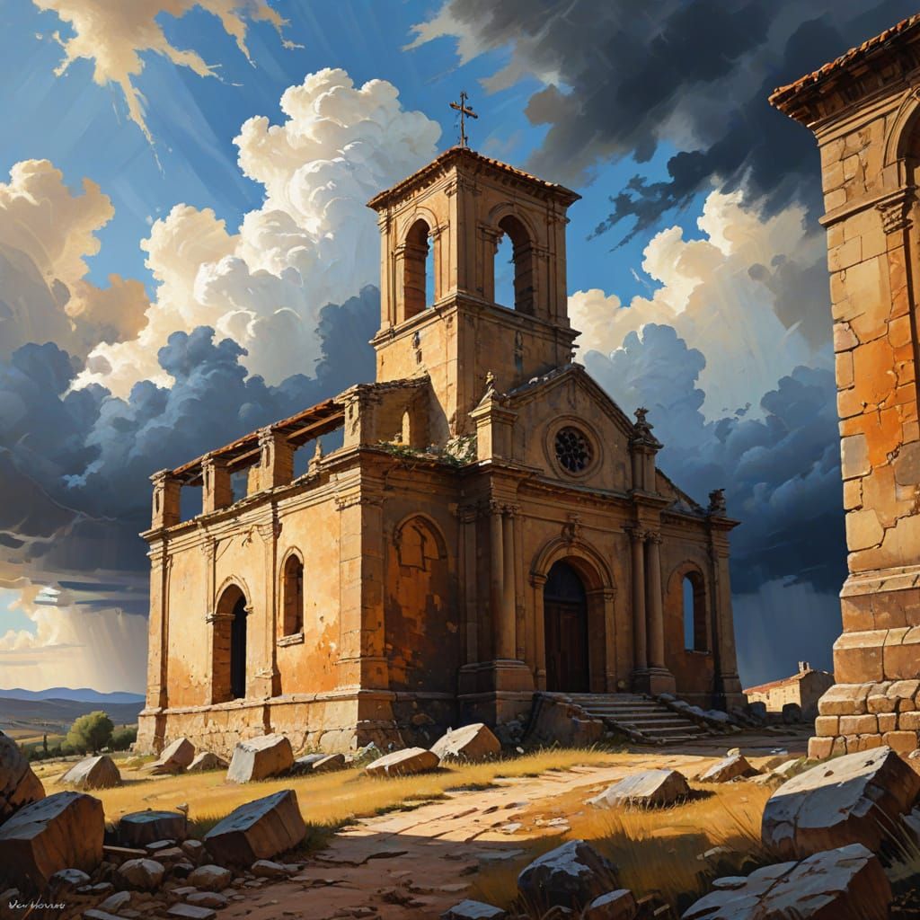 Ruined Church of Santa Eulalia: Textured Gouache Masterpiece